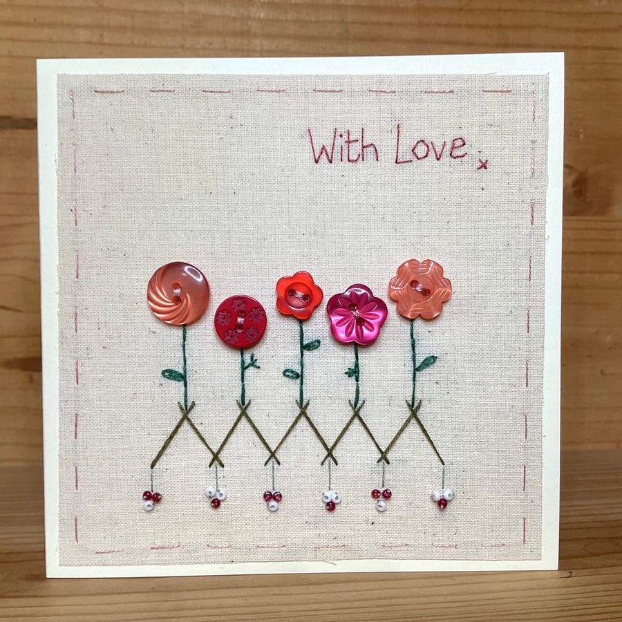 Flora red buttons hand embroidered card