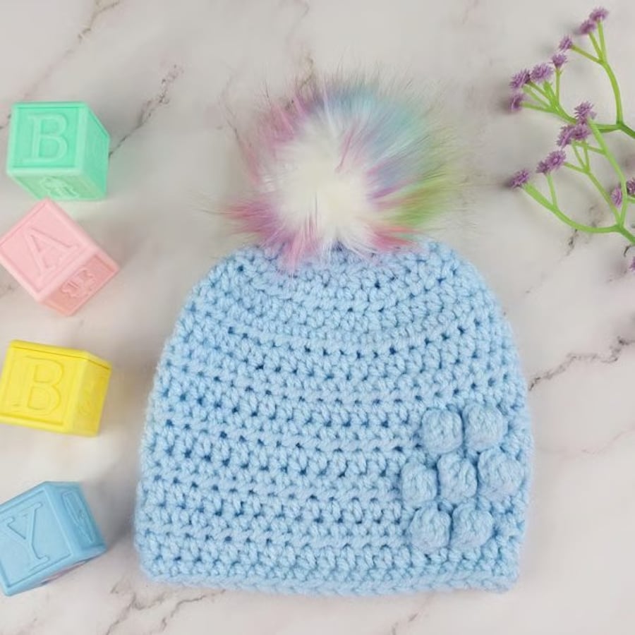 Image of Crochet Baby Hat, Blue Newborn Beanie with Detachable Rainbow Pom, 0-3 Months