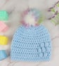 Crochet Baby Hat, Blue Newborn Beanie with Detachable Rainbow Pom, 0-3 Months - Image 1