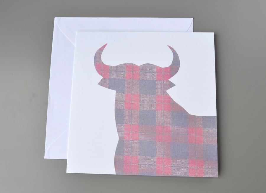 SALE - Blank card with silhouette of bull in tartan