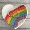 Rainbow themed ceramic heart trinket dish, ring dish, jewellery dish.