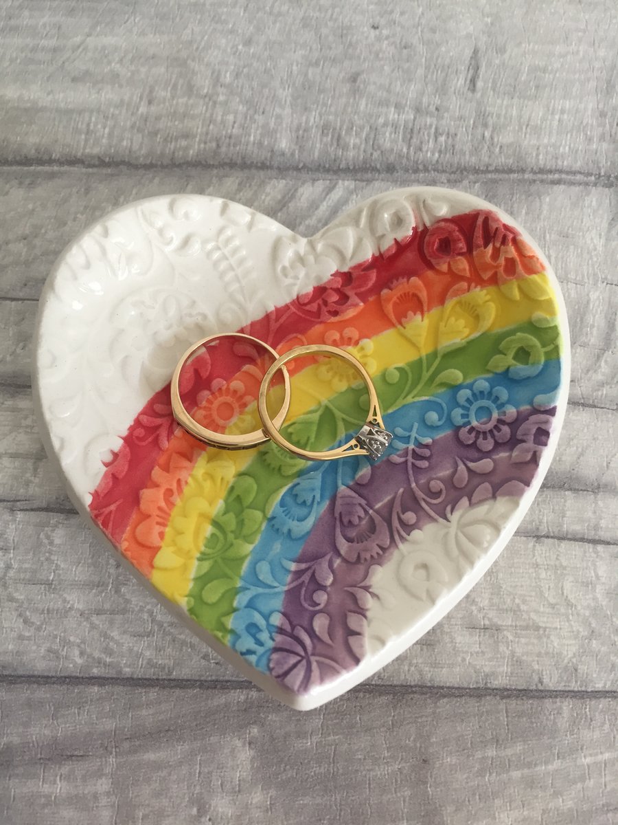 Rainbow themed ceramic heart trinket dish, ring dish, jewellery dish.