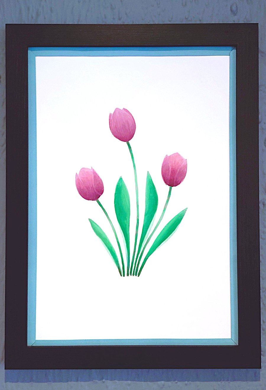 Genuine Made in UK Framed A3 Print Purple Tullips Stylish Light Blue Border 