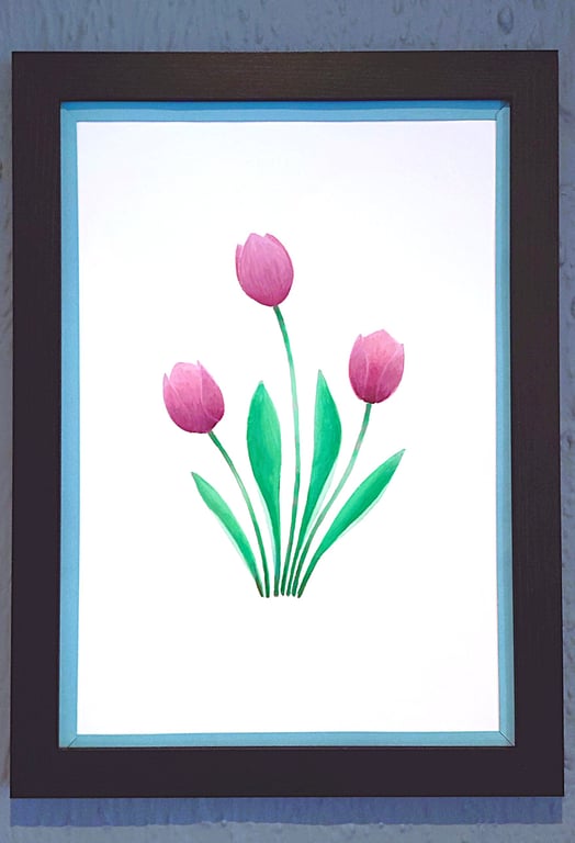 Genuine Made in UK Framed A3 Print Purple Tullips Stylish Light Blue Border 