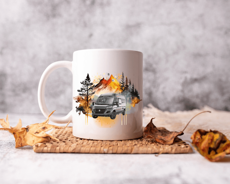 Camper van mug with mountain scenery 