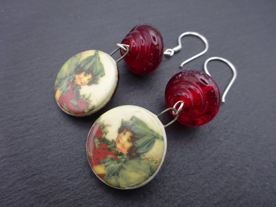 strawberry fairy earrings, red lampwork glass