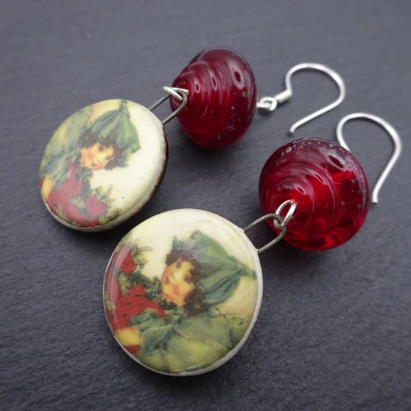 strawberry fairy earrings, red lampwork glass