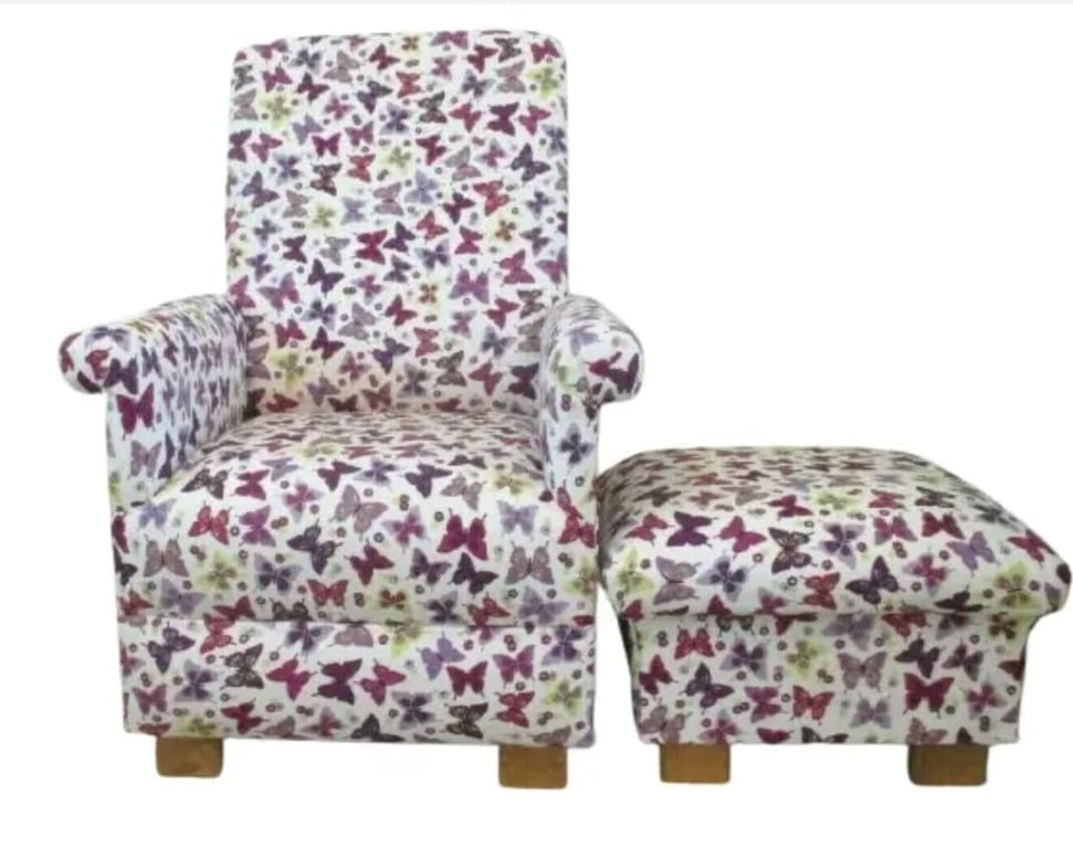 Lilac Butterflies Armchair & Footstool Adult Chair Bedroom Nursery Pink Small
