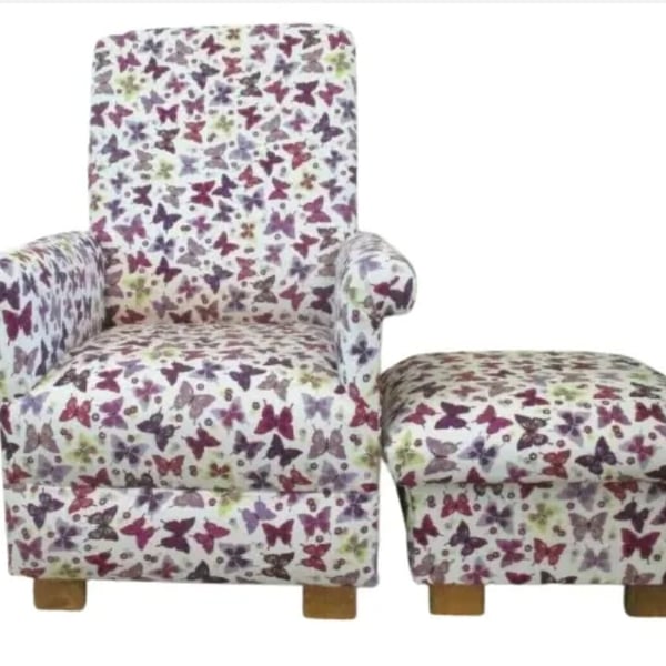 Lilac Butterflies Armchair & Footstool Adult Chair Bedroom Nursery Pink Small