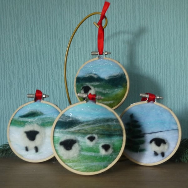 Set of 4 Needle felted embroidery hoop country christmas decorations