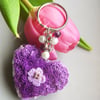 Microcrochet Purple Florals Heart Crystal Glass Beads Keyring 