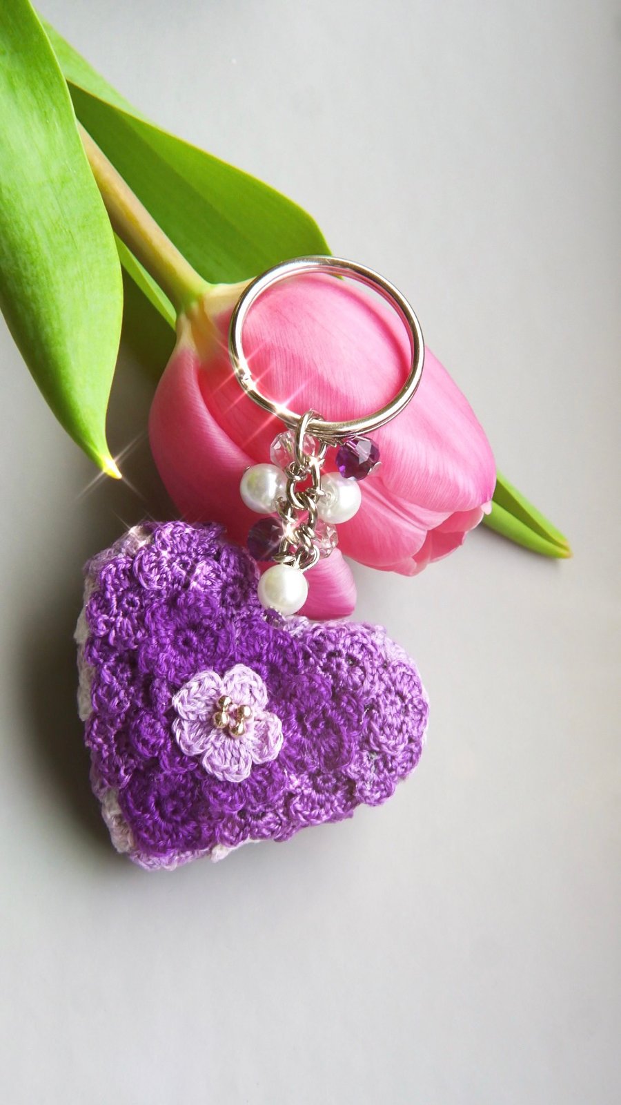 Microcrochet Purple Florals Heart Crystal Glass Beads Keyring 