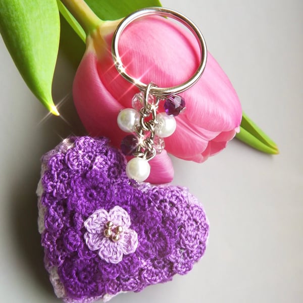 Microcrochet Purple Florals Heart Crystal Glass Beads Keyring 