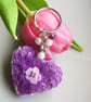 Microcrochet Purple Florals Heart Crystal Glass Beads Keyring 