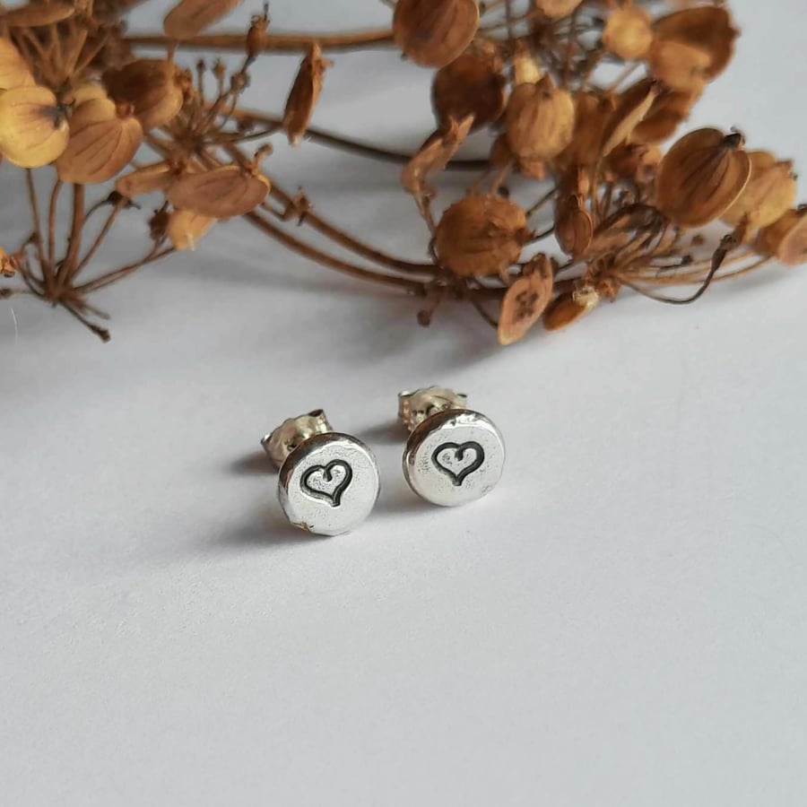 Love Heart Stud Earrings - Recycled Sterling Silver - Hand Stamped