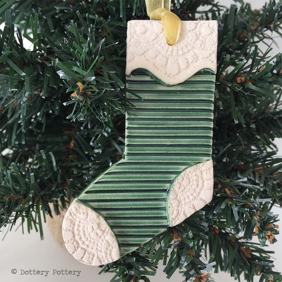 green ceramic stocking decoration pottery Christmas decoration