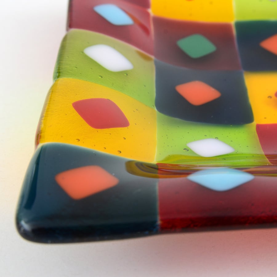 Colourful Glass Dish with Pattern of Squares