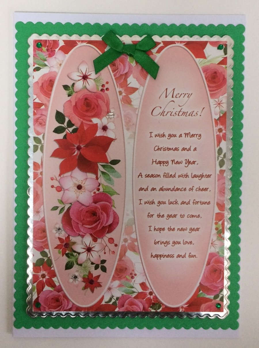 Handmade Christmas Card Merry Christmas Poem Xmas Poinsettias Roses