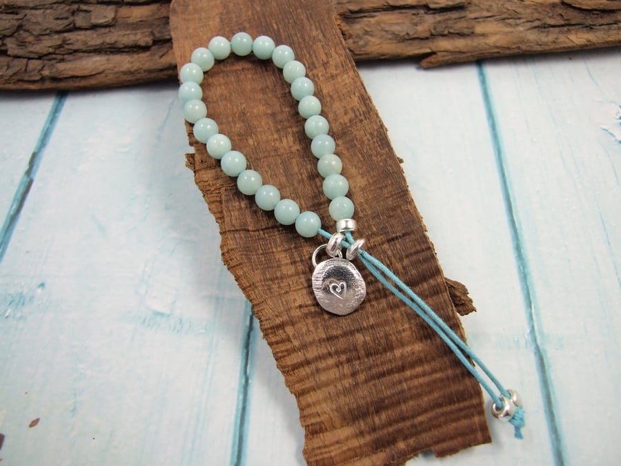 Aquamarine Bracelet, Recycled Silver Heart Charm. Adjustable Fit Small-Medium