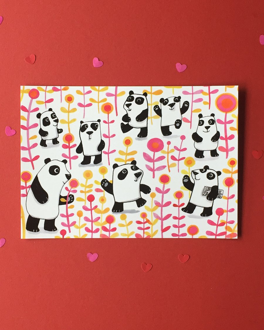 Panda Flowers fun happy decor A5 digital print by Jo Brown