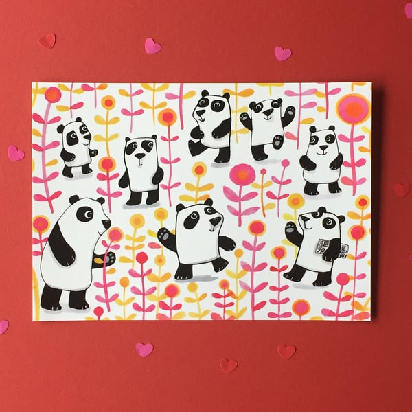 Panda Flowers fun happy decor A5 digital print by Jo Brown