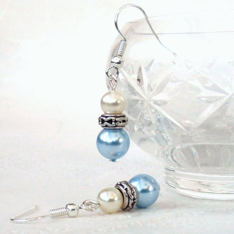 Swarovski® pearl earrings, with pastel blue and ivory crystal pearls