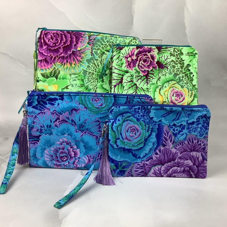 Handmade floral zip clutch bag with wrist strap silky tassel and charm 4 options
