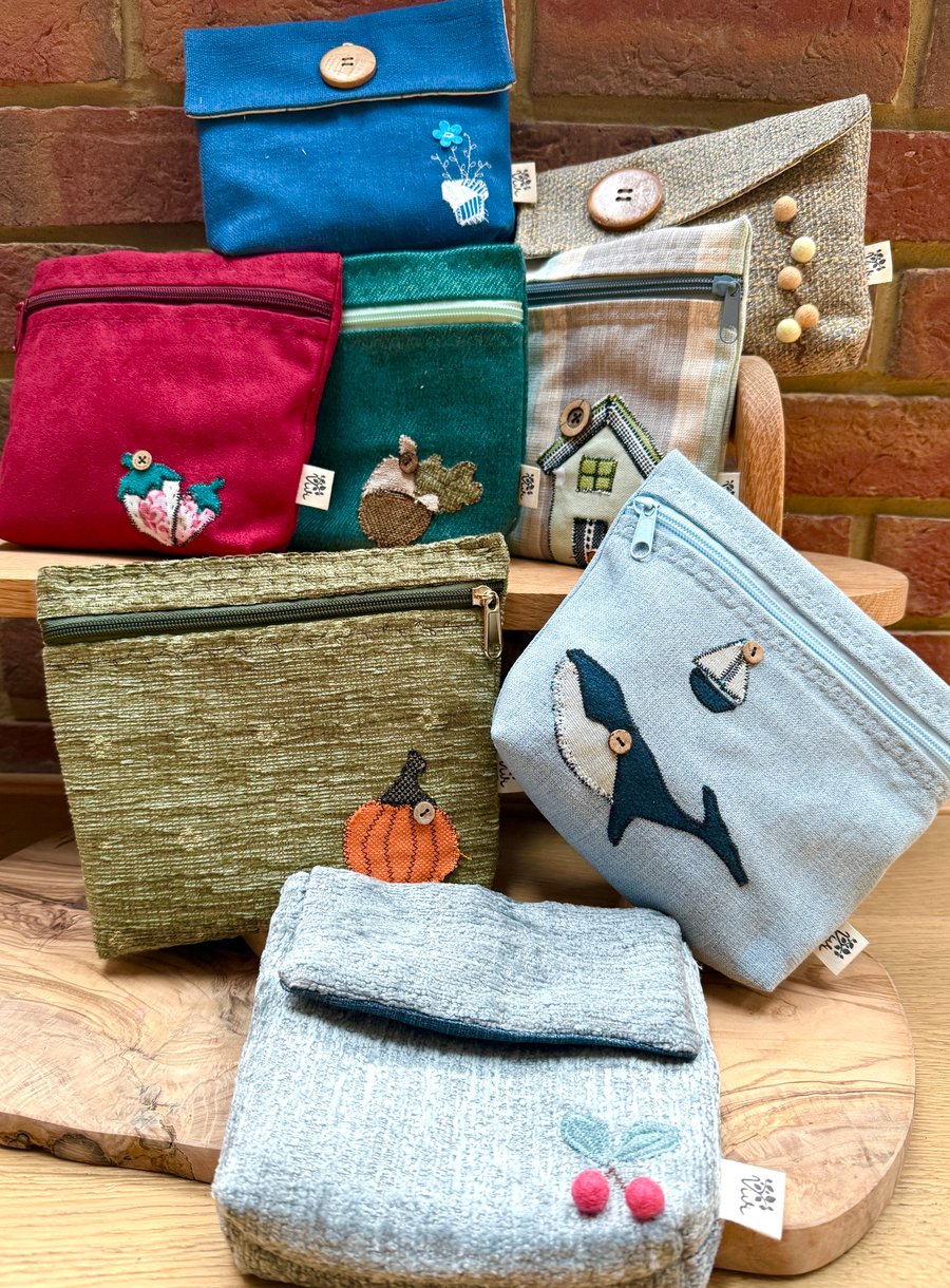 Cute embroidered applique pouch purse, eco friendly zero waste bag