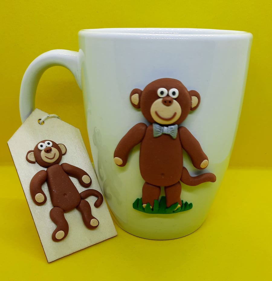 Mug with Handmade Polymer Clay Monkey and Decorative Magnet Bundle