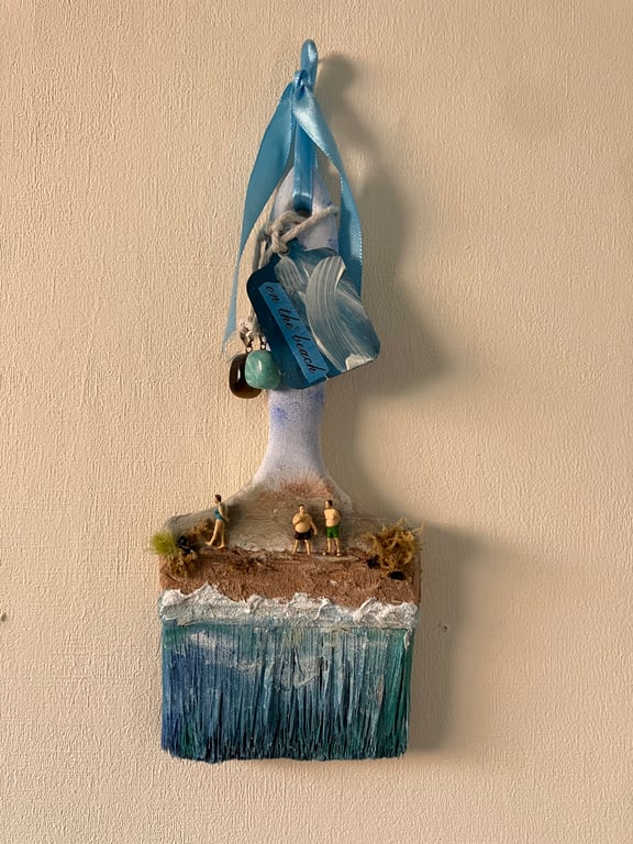 On The Beach"  Mixed Media Miniature Diorama on Vintage Paintbrush, Coastal 