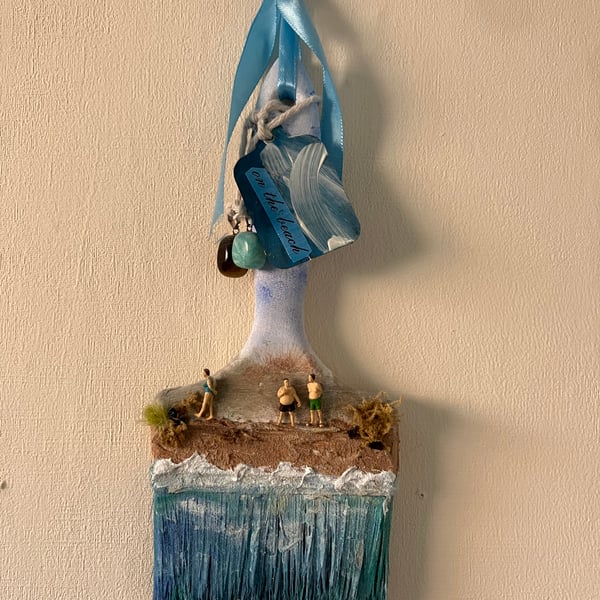 On The Beach"  Mixed Media Miniature Diorama on Vintage Paintbrush, Coastal 