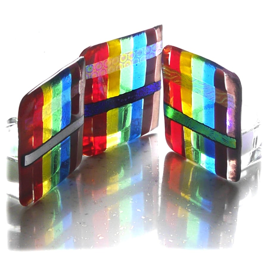 SOLD Candle Holder Fused Glass Tea-light  Rainbow Striped Dichroic