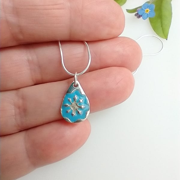 Fine Silver Blue Snowflake Imprint Pendant Necklace