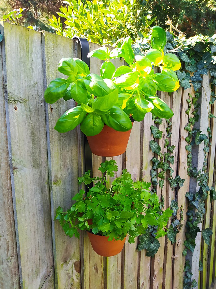 Black hand made double 'Fence Hanger' 6" terracotta pot holder