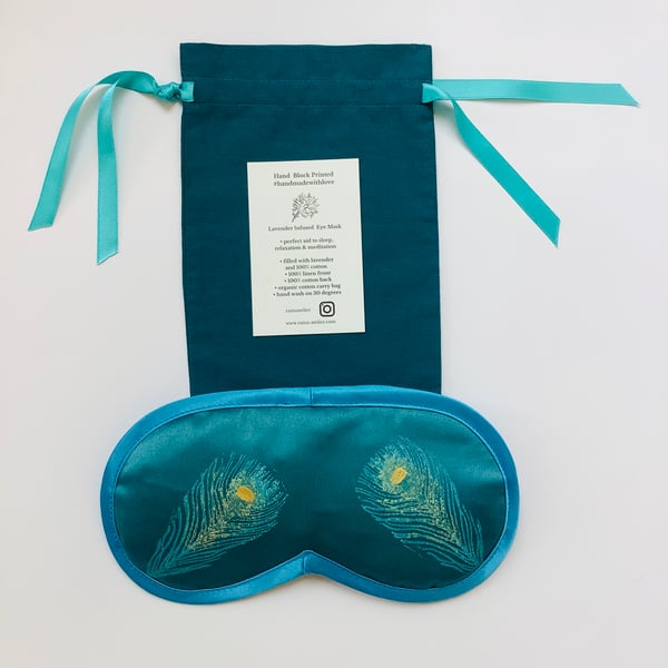 Teal Peacock Feathers Duchess Satin lavender infused eye mask