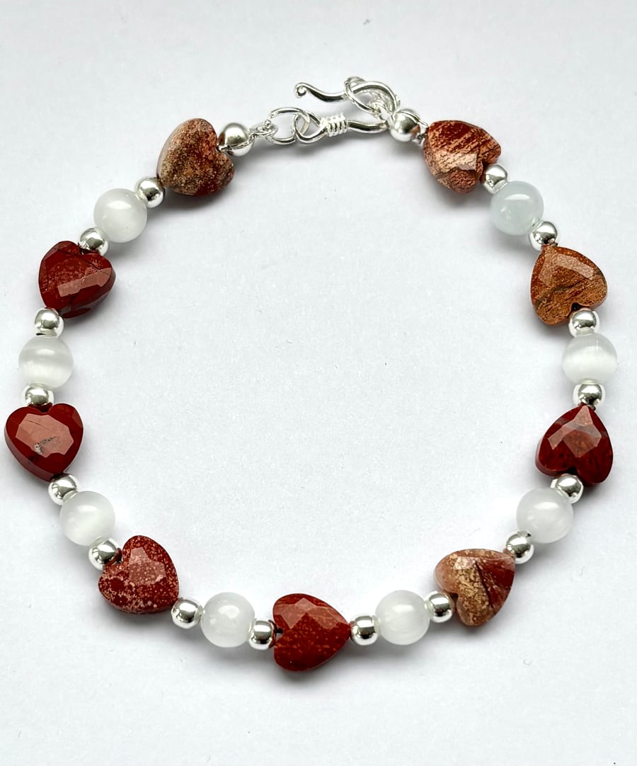 Dainty Bracelet with Faceted Red Jasper Hearts and selenite crystal Round beads,