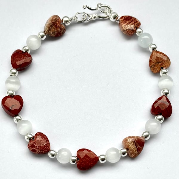 Dainty Bracelet with Faceted Red Jasper Hearts and selenite crystal Round beads,