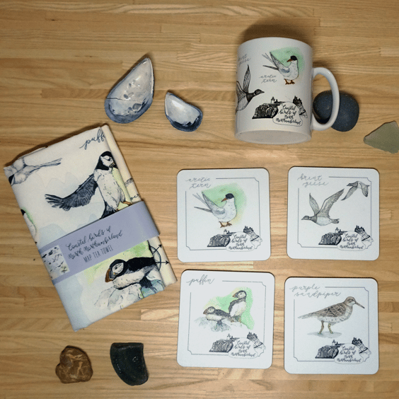 Coastal Birds Art Eco Gift Set: Bone China Mug, Tea Towel &Coasters