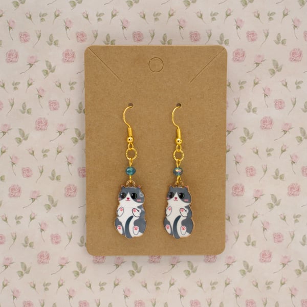 Gold Plated Cat Charm Earrings, Grey