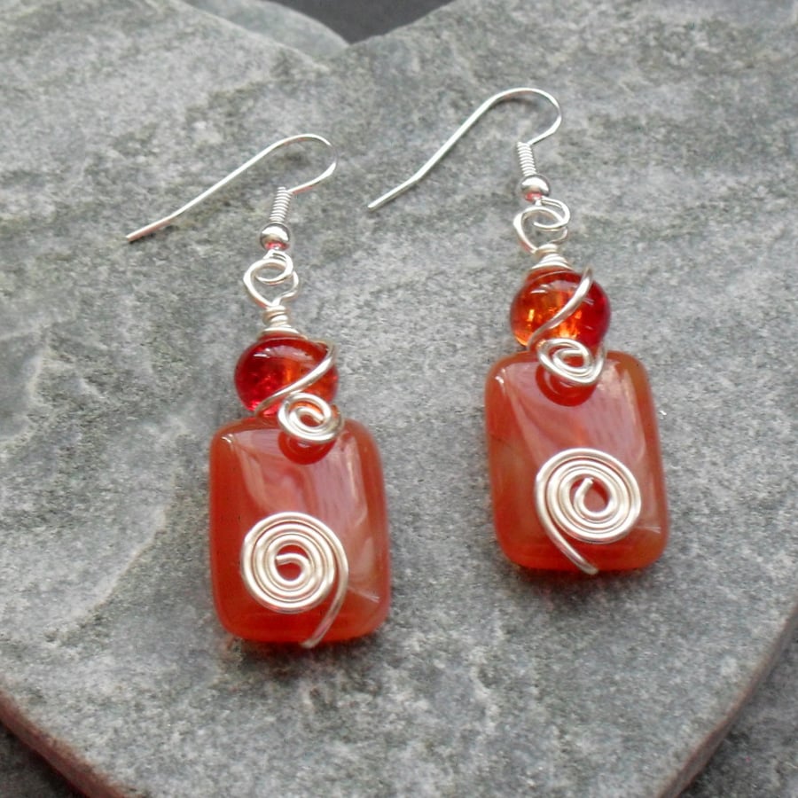 Wire Wrapped Orange Agate Semi Precious Gemstone Earrings