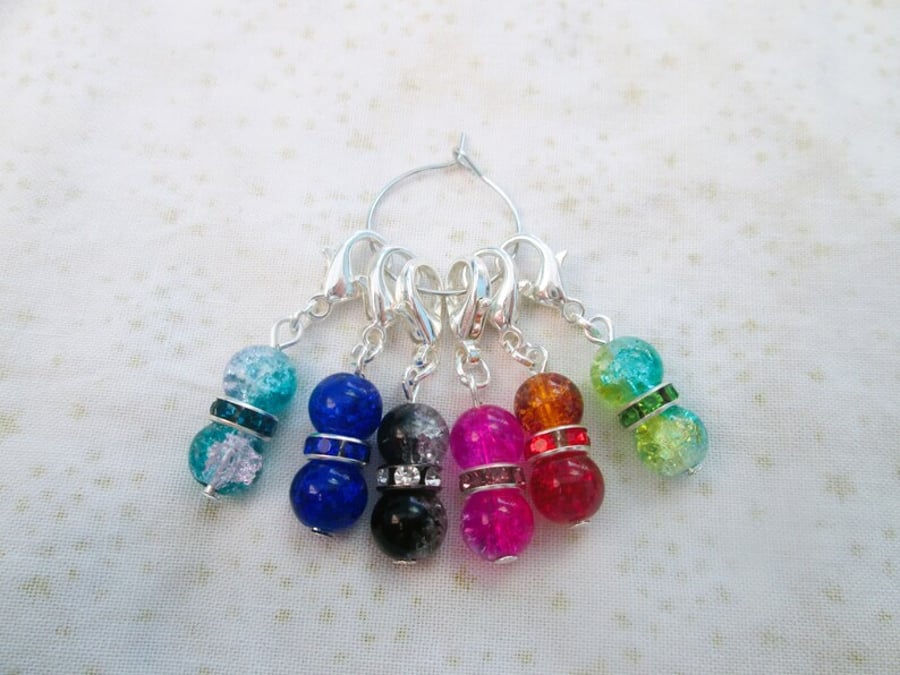Set of 6 colourful crackle glass bead stitch markers
