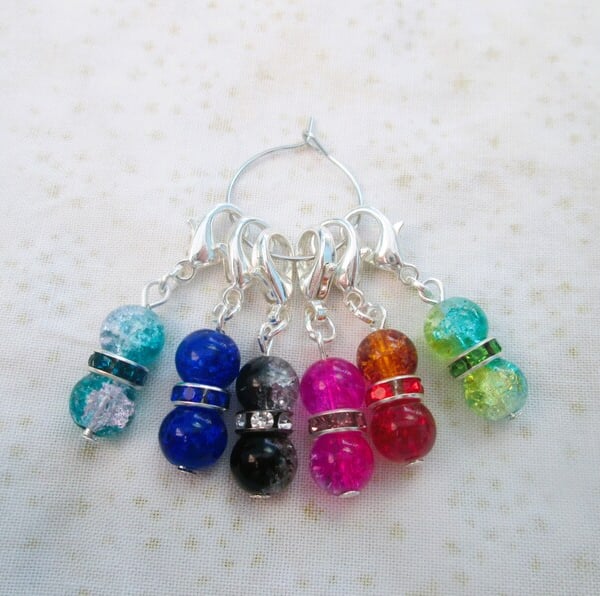 Set of 6 colourful crackle glass bead stitch markers
