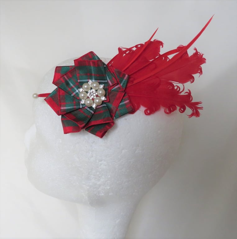 MacGregor Tartan Ruffle Red Feather and Pearl Hat or Hair Clip