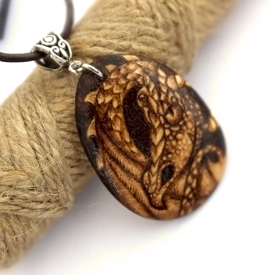 Wooden Grinning Dragon Pyrography Pendant Necklace, Wood Teardrop, Dragon Lover