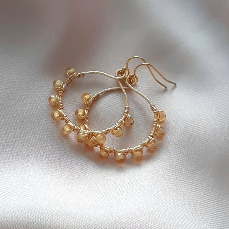 Yellow Beaded Wire Wrapped Hoop Earrings – Non-Tarnish Handmade Gift for Her
