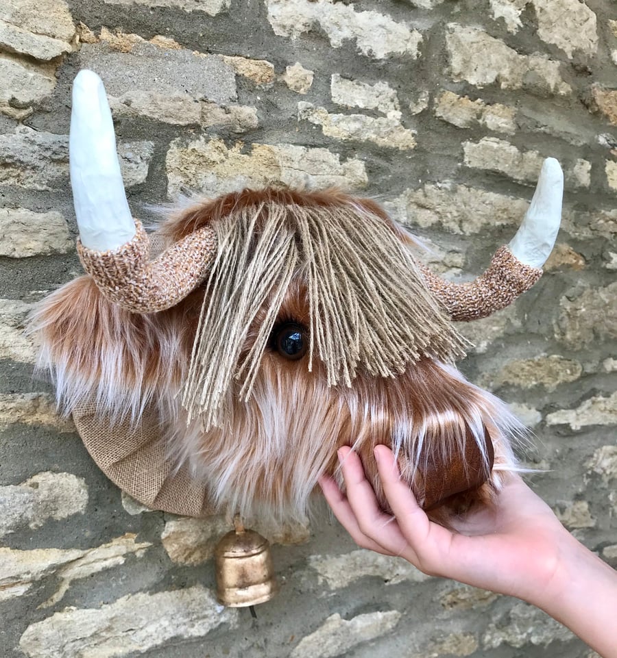 Faux taxidermy furry Highland Cow Coo animal head wall mount with bell