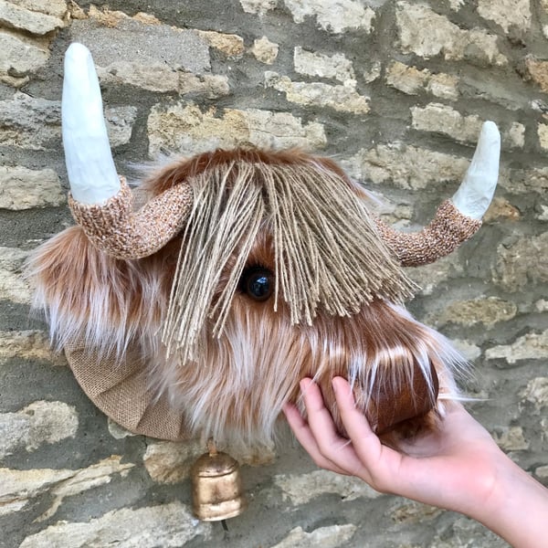 Faux taxidermy furry Highland Cow Coo animal head wall mount with bell