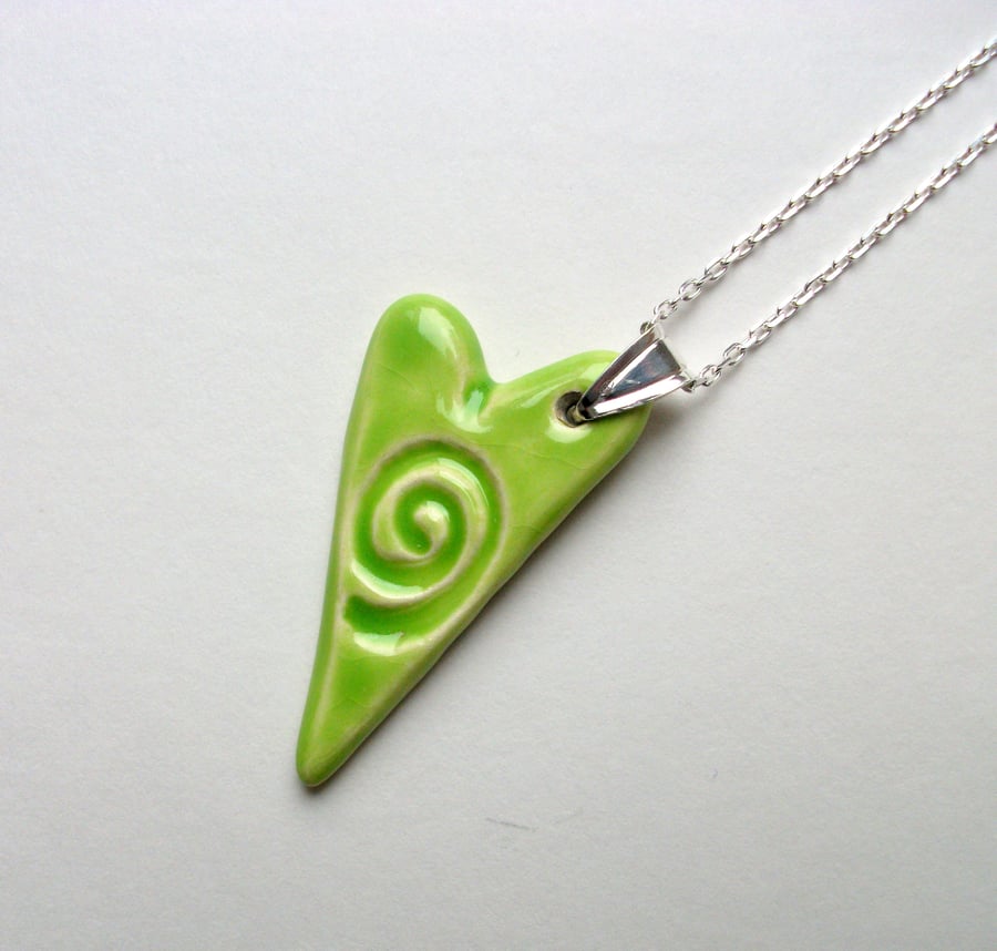  Lime Green ceramic pendant necklace imprinted with a swirl - sterling silver