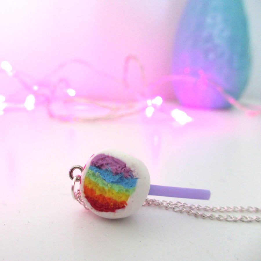 Retro rainbow cake pop necklace Quirky, fun, unique, handmade novel, classic