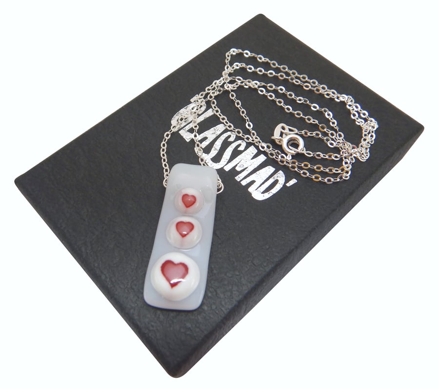 Handmade Fused Glass 'Red Hearts' Pendant. Silver Range!